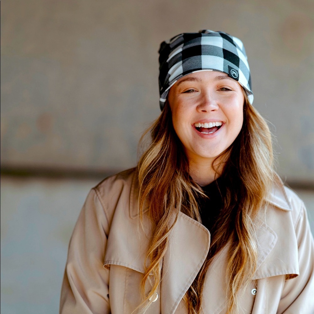 BANDEAU WIDE HEAD BAND WRAP Plaid Gingham Black White beanie face mask